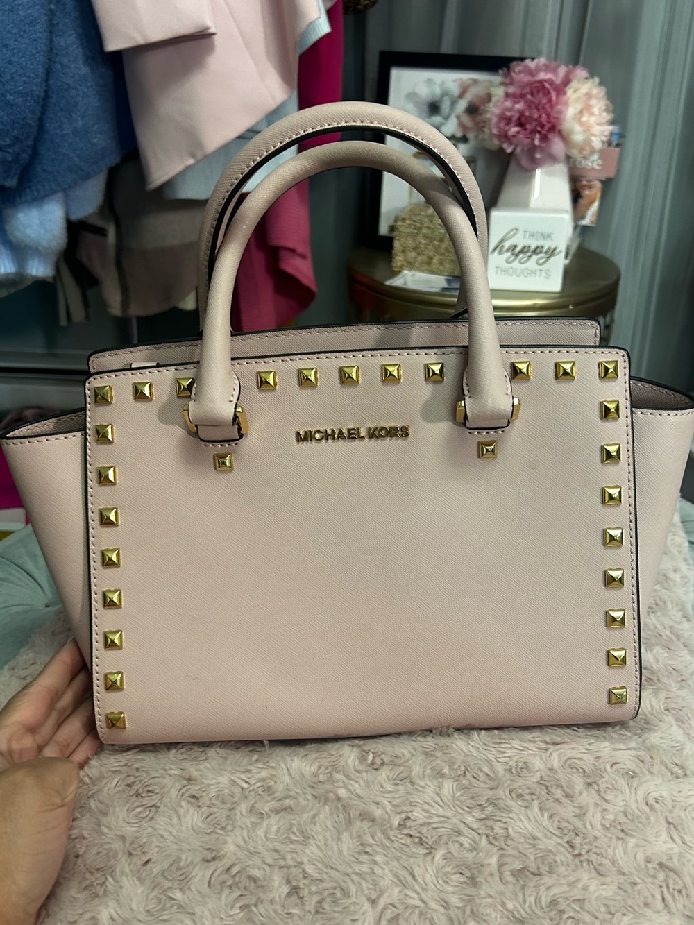 MICHAEL KORS Selma Blush Pink Leather Studded Satchel
